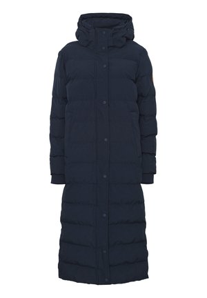 Mørkeblå pufferjakke med hette, med et langt, rett design, trykknappfrontlukning og ribbestrikkede ermer. Teksturete, quiltede overflate.