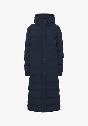 Jūras zila pūkainā mēteli ar kapuci, ar garu, taisnu dizainu, aizdari ar pogām un ribotām piedurknēm. Strukturēta, quiltēta virsma.