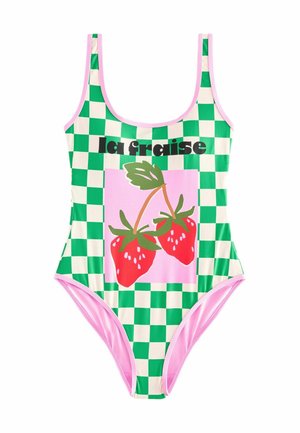 Next Swimsuit - green white strawberry checkerboard