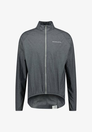 Veste de cyclisme grise, légère, avec manches longues, col montant, fermeture éclair à l'avant et ourlet élastique. Présente le logo "ENDURA" et des accents réfléchissants.