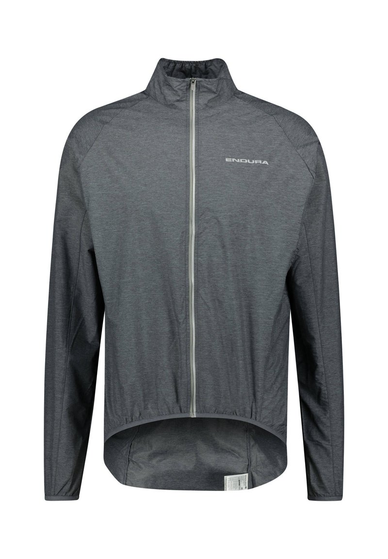 Grau, leichtes Fahrradjacket mit langen Ärmeln, hohem Kragen, Reißverschluss vorne und elastischem Saum. Mit "ENDURA"-Logo und reflektierenden Akzenten.