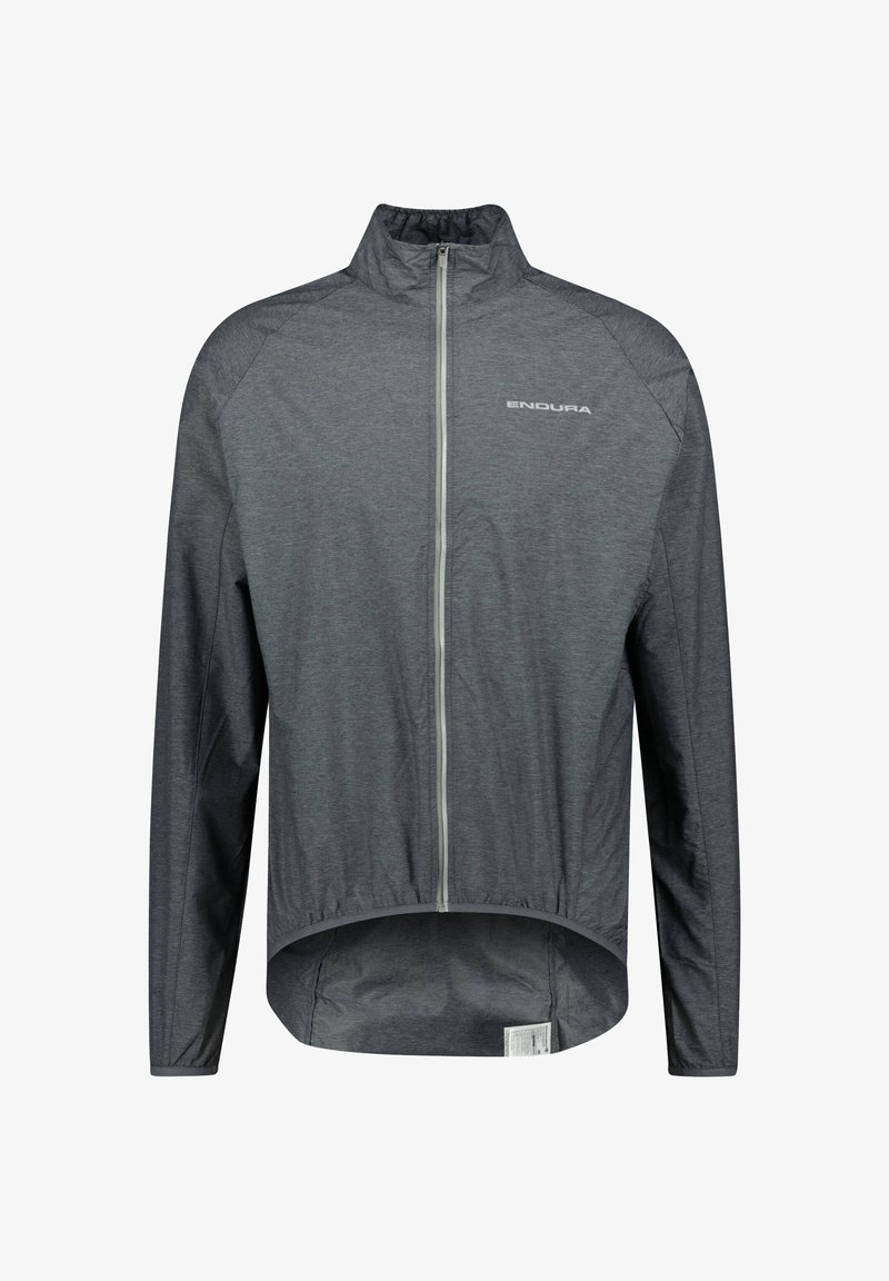 Grau, leichtes Fahrradjacket mit langen Ärmeln, hohem Kragen, Reißverschluss vorne und elastischem Saum. Mit "ENDURA"-Logo und reflektierenden Akzenten.