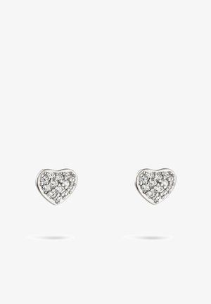 Par af hjerteformede sølvørestege med små klare ædelsten samlet på forsiden.