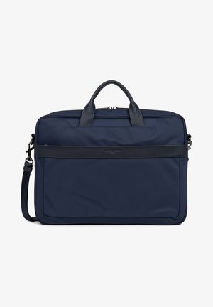 Sac à ordinateur en nylon bleu marine avec des accents en cuir, deux poignées supérieures, sangle d'épaule réglable et un design minimaliste. Fermeture zippée.