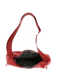 Sac bandoulière en tissu rouge avec un extérieur texturé, une bandoulière ajustable, une fermeture zippée et une doublure intérieure à motifs.