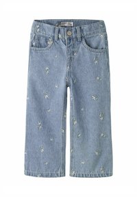 Svetlo modre jeans hlače iz jeansa z izvezenimi cvetličnimi vzorci v beli in zeleni barvi, z ravnim krojem, petimi žepi in zapiranjem na gumb.