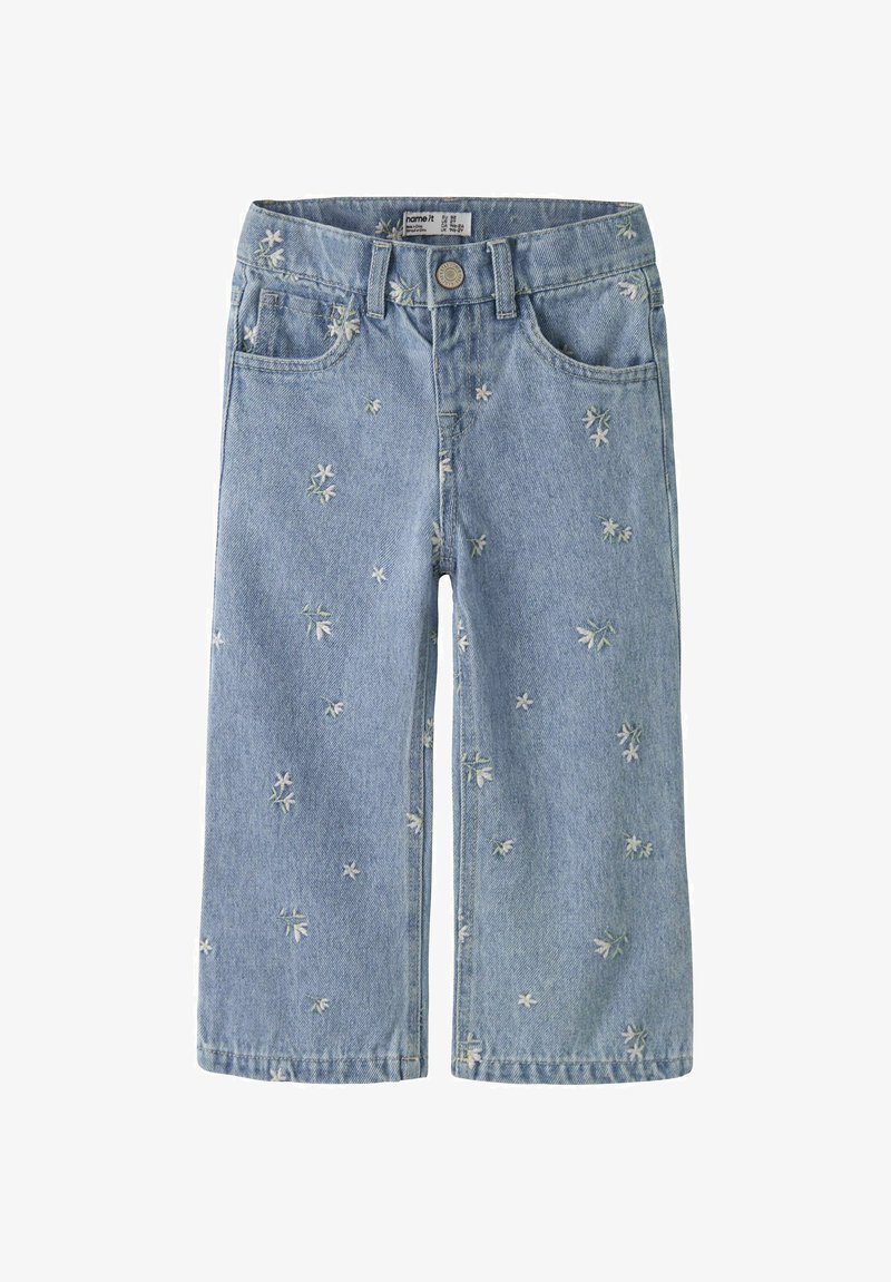 Svetlo modre jeans hlače iz jeansa z izvezenimi cvetličnimi vzorci v beli in zeleni barvi, z ravnim krojem, petimi žepi in zapiranjem na gumb.