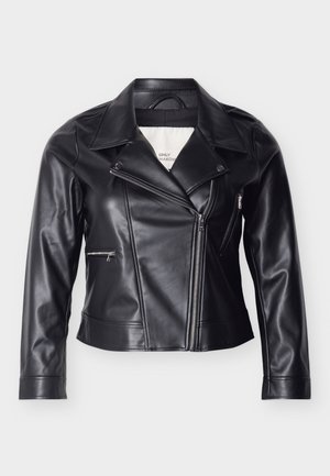 Mustast kunstnahast mootorrattajaki luku asetusega veidi küljepeale, lai krae, trukkidega ja külgedel lukuga taskutega.