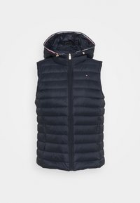 Granatowa pikowana kamizelka z kapturem, z przednim zamkiem błyskawicznym, przeszywanym wzorem i złotymi ozdobami.