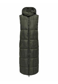 Dark green long quilted sleeveless puffer vest with high collar, front zipper, and zippered side pockets.