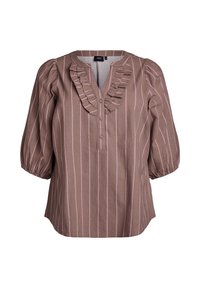 Brown striped blouse with ruffled neckline, button placket, and puffed sleeves. Made from a textured fabric with pink accent stripes.