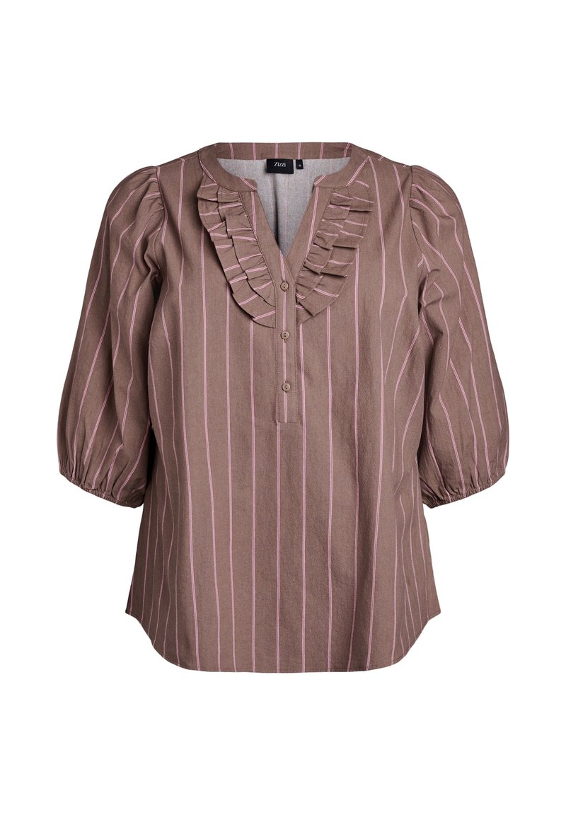 Brown striped blouse with ruffled neckline, button placket, and puffed sleeves. Made from a textured fabric with pink accent stripes.