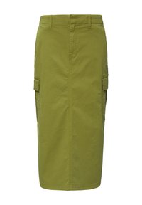 Jupe cargo jusqu'au genou en coton olive. Dotée de poches latérales et d'une coupe droite, avec une texture lisse et mate.