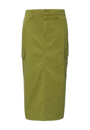 Knielange cargorok van olijfgroen katoen. Beschikt over zijzakken en heeft een rechte snit, met een gladde, matte textuur.