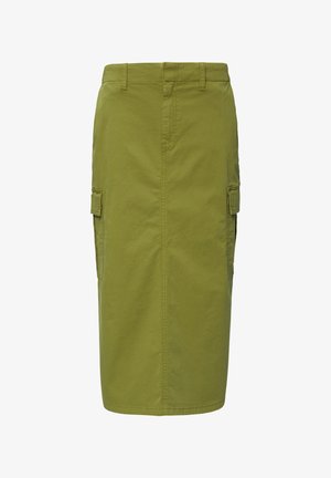 Knielange cargorok van olijfgroen katoen. Beschikt over zijzakken en heeft een rechte snit, met een gladde, matte textuur.