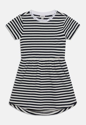 Robe à manches courtes à rayures horizontales noires et blanches, taille élastique et logo imprimé sur l'encolure blanche ronde.