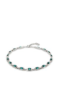 Pulsera tono plateado con cristales verdes rectangulares colocados en eslabones metálicos alternos, con un cierre de cadena para ajustar la longitud.