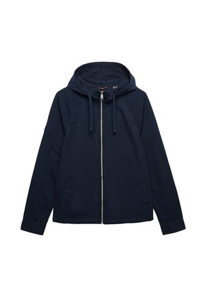 Veste à capuche bleu marine avec fermeture éclair intégrale à l'avant, manches longues, capuche à cordon de serrage et deux poches latérales.