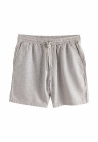 Lichtgrijze shorts van een gestructureerde stof. Beschikt over een elastische tailleband met een trekkoord en zijzakken.