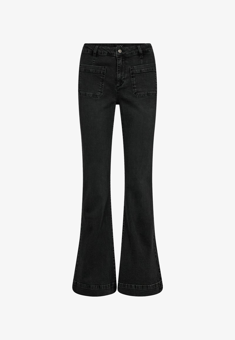 Black flared jeans made from denim, featuring a fitted waist, two back pockets, and a slight texture. Hem is wider with a finished edge.