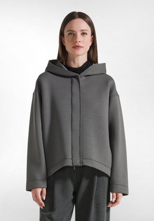 Grijze rits-hoodie met een ruime snit, grote capuchon en ribgebreide accenten. Glad textuur met een licht glanzende afwerking.