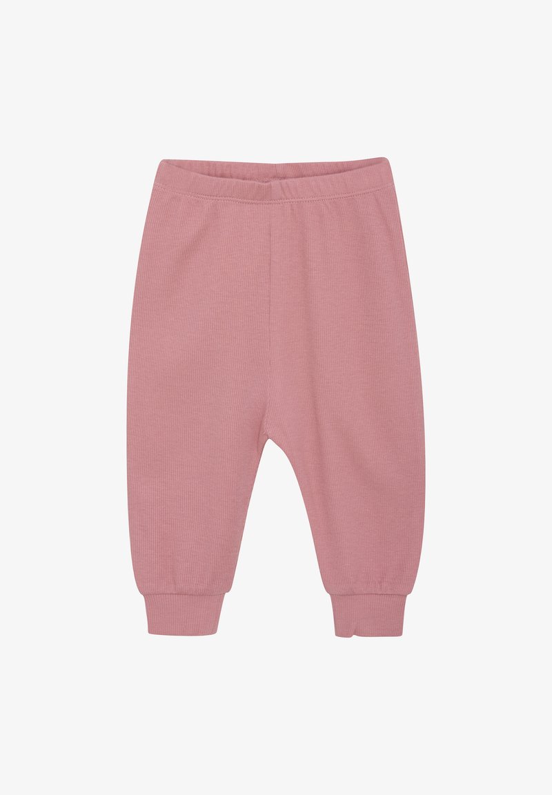 Roze geribbelde joggingbroek met een elastische tailleband en taps toelopende boorden, met een zachte textuur en een eenvoudig ontwerp.