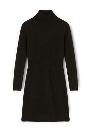 Schwarzes Strickkleid mit hohem Kragen, langen Ärmeln und taillierter Passform, das sich durch eine glatte Textur und minimalen Details auszeichnet.