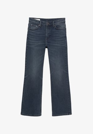 Dark blue denim jeans with a wide-leg cut, featuring a waistband with a metal button and belt loops. Two front pockets and plain back.
