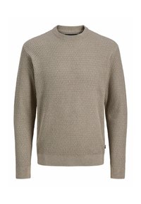 Pull beige en maille à manches longues avec col rond et motif texturé, présenté de face sur fond blanc.