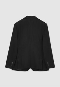 Black blazer made from textured fabric, featuring a single vent, two front pockets, and buttons on the cuffs. Rear view only.
