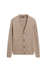 Cardigan beige a maglia con scollo a V, maniche lunghe e sei bottoni neri. Tessuto testurizzato con un motivo sottile su tutta la superficie.