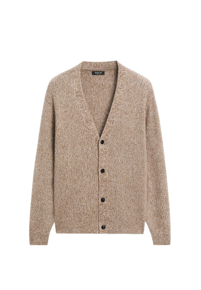 Cardigan beige a maglia con scollo a V, maniche lunghe e sei bottoni neri. Tessuto testurizzato con un motivo sottile su tutta la superficie.