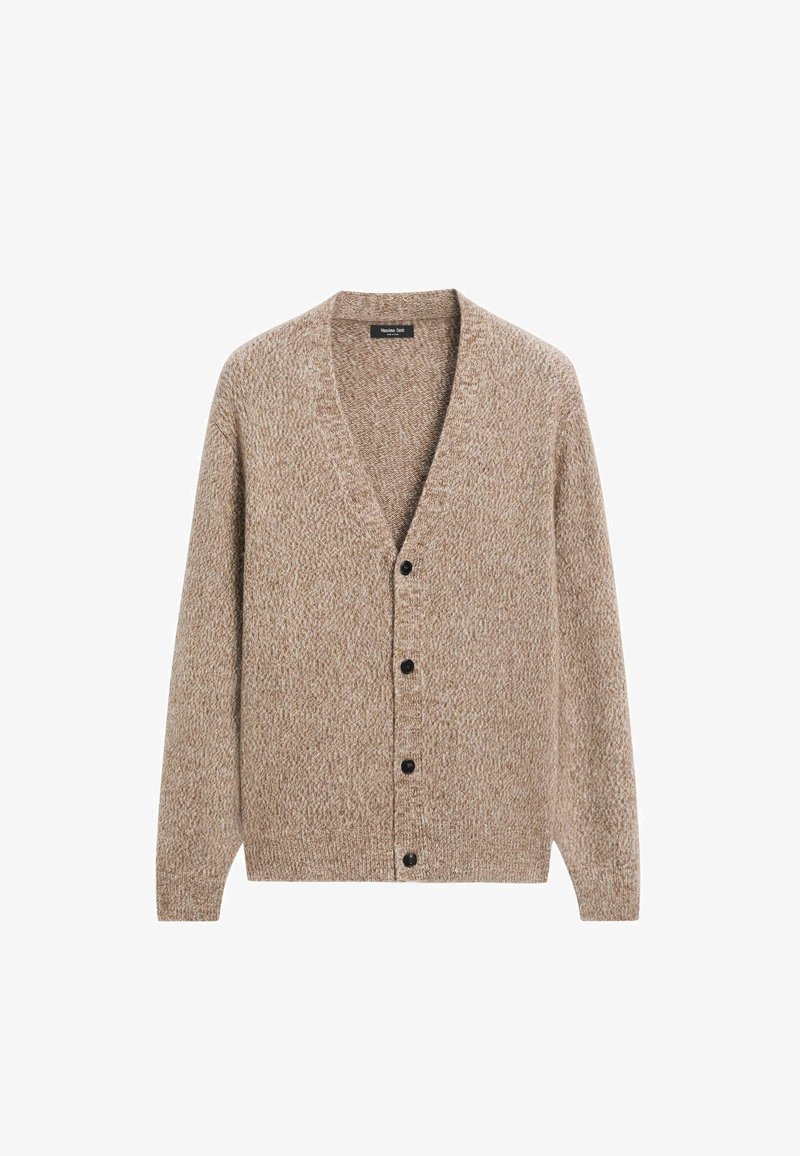 Cardigan beige a maglia con scollo a V, maniche lunghe e sei bottoni neri. Tessuto testurizzato con un motivo sottile su tutta la superficie.
