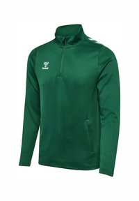 Groene lange mouwen pullover met een ritssluiting in de hals, gemaakt van gladde stof. Bevat een wit logo en diagonale strepen op de schouders.