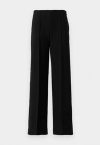 Black high-waist wide-leg trousers with front creases, displayed against a plain white background.