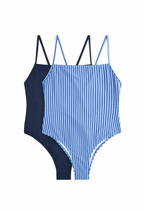 Two women's one-piece swimsuits, one solid navy blue and one blue with vertical white stripes, both with thin shoulder straps.