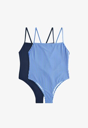 Due costumi da bagno interi da donna, uno blu navy tinta unita e uno blu con strisce bianche verticali, entrambi con sottili spalline.