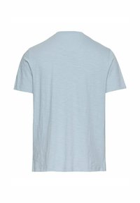 Lysblå kortærmet T-shirt lavet af letvægtsstof, med en enkel rund hals og en lige pasform med en let struktureret overflade.