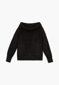 Pull en tricot noir avec un col roulé large, des poignets côtelés et un ourlet côtelé. Doté d'une coupe décontractée et d'une surface texturée avec des coutures visibles.
