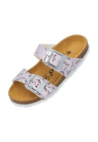 Lichtroze sandalen van synthetisch materiaal met een eenhoornpatroon, voorzien van twee verstelbare banden en een kurken voetbed. Accenten van zilverhardware.