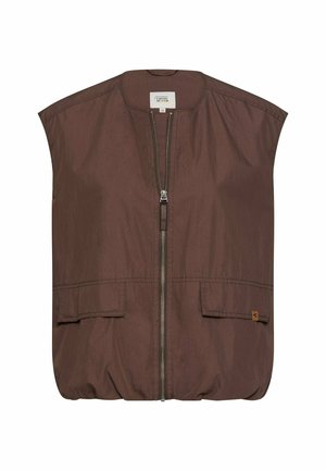 Ärmellose braune Weste mit Frontreißverschluss, zwei aufgesetzten Taschen vorne, rundem Halsausschnitt und elastischem Saum, mit "camel active"-Label im Innenkragen.