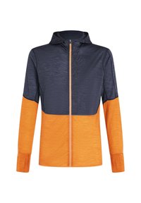 Gevatte jas met marineblauwe bovenkant en oranje onderkant, ritssluiting, lange mouwen, gestructureerde stof en een klein borstzakje.