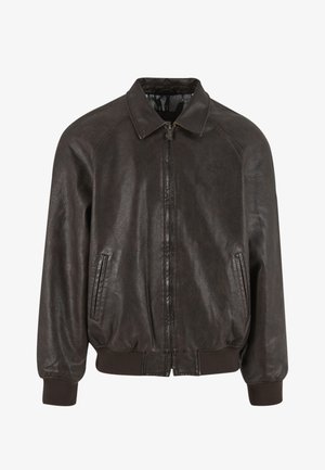 Giacca bomber in pelle marrone con chiusura a zip, colletto con risvolto, tasche laterali, polsini e orlo a coste, con finitura testurizzata.