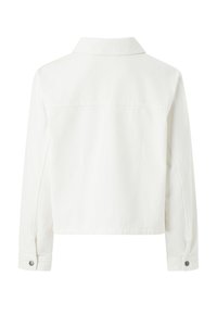 Hvid denimjakke med krave, knapmanchetter og en cropped design. Tekstiler med synlige syninger på bagsiden.