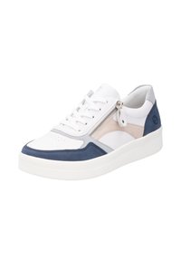 Weißer Sneaker mit navyblauen und grauen Akzenten, Materialien aus Wildleder und glattem Leder, runder Zehenpartie, Schnürung vorne und einem seitlichen Reißverschluss.