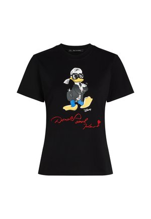 Black cotton t-shirt featuring a colorful cartoon character graphic and red text "Donald and Karl" on the front. Short sleeves, classic fit.