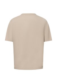 Beige short-sleeve T-shirt with a round neckline and a relaxed fit. Smooth texture with a simple design, featuring a straight hem.