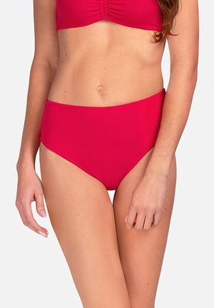 Bikini z wysokim stanem w jasnoróżowym kolorze. Wykonany z gładkiego, elastycznego materiału z prostymi liniami i bez ozdobników.