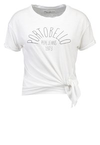 White short-sleeve t-shirt with a rounded neckline and knotted front detail. Features "Portobello Pepe Jeans 1973" printed in gray.