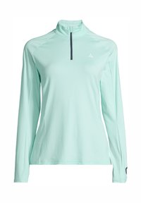 Mintgroene longsleeve pullover van een gladde, lichte stof. Bevat een halve rits en een klein logo op de borst.